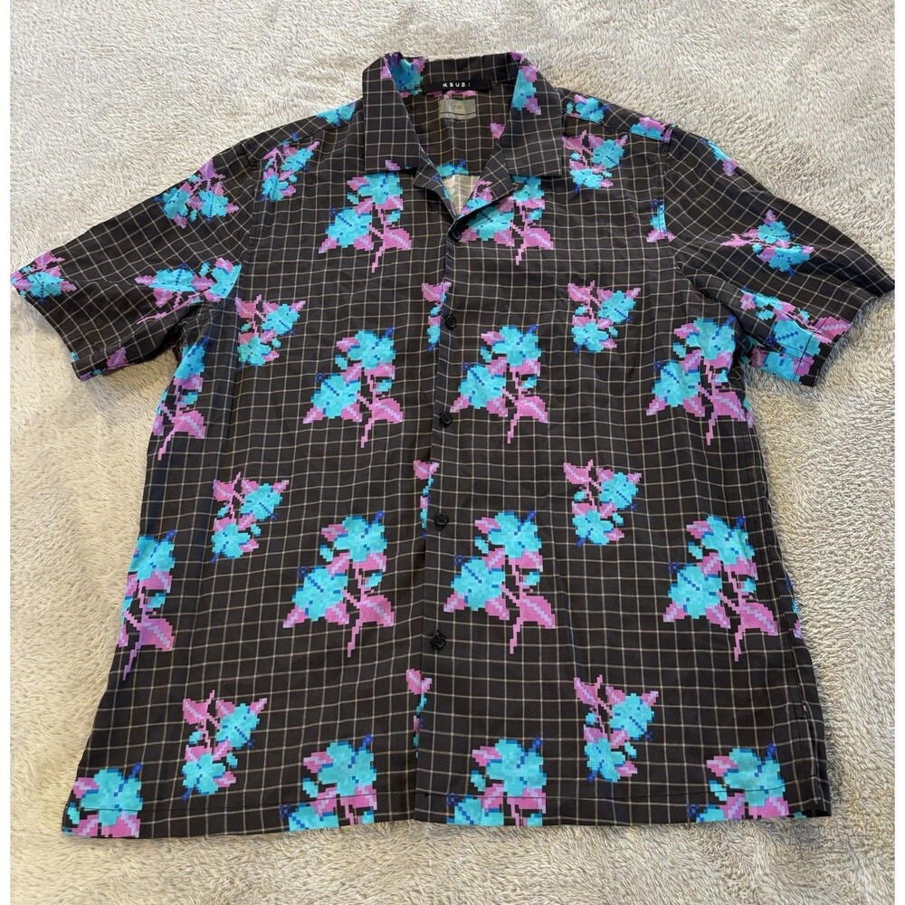 Ksubi Low Res Resort Shirt Black Grid Pixel Floral Short Sleeve Mens Size Large